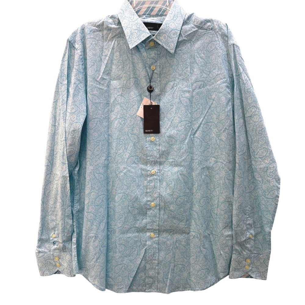 Quieti Mens Paisley Button Down Shirt Light Blue 100% Fine Cotton Size LargeNWT